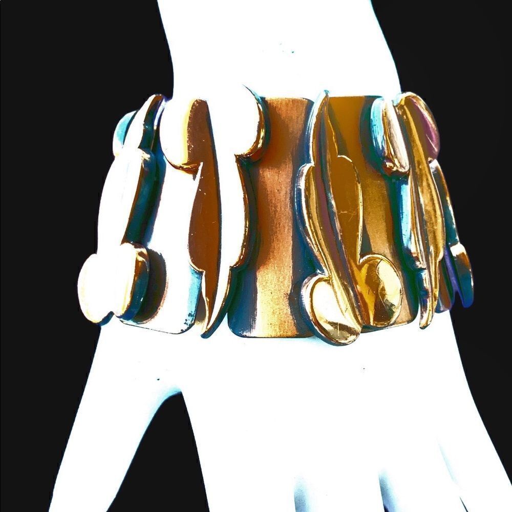 Renoir mid century polished copper abstract leaf bracelet wide link